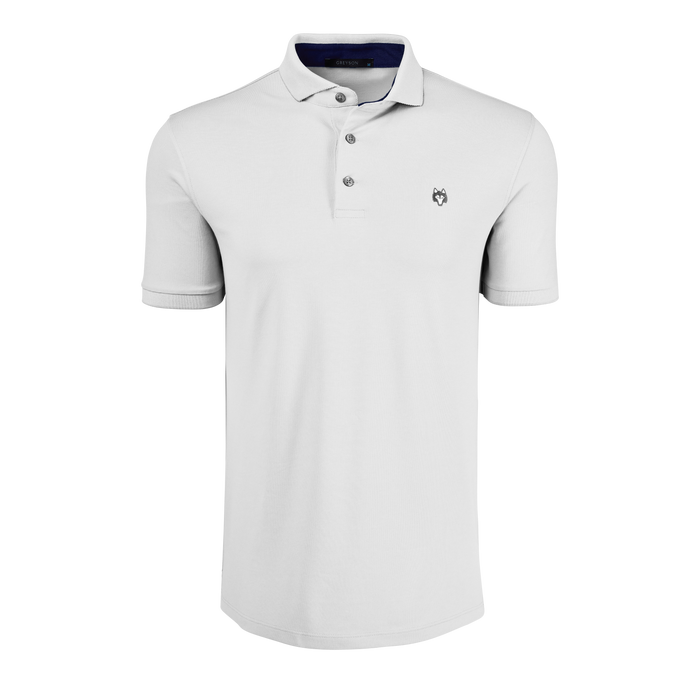 Arctic Wolf Icon Short Sleeve Performance Golf Polo - Front View, Navy Contrast Collar, Wolf Logo Embroidery | Greyson Clothiers