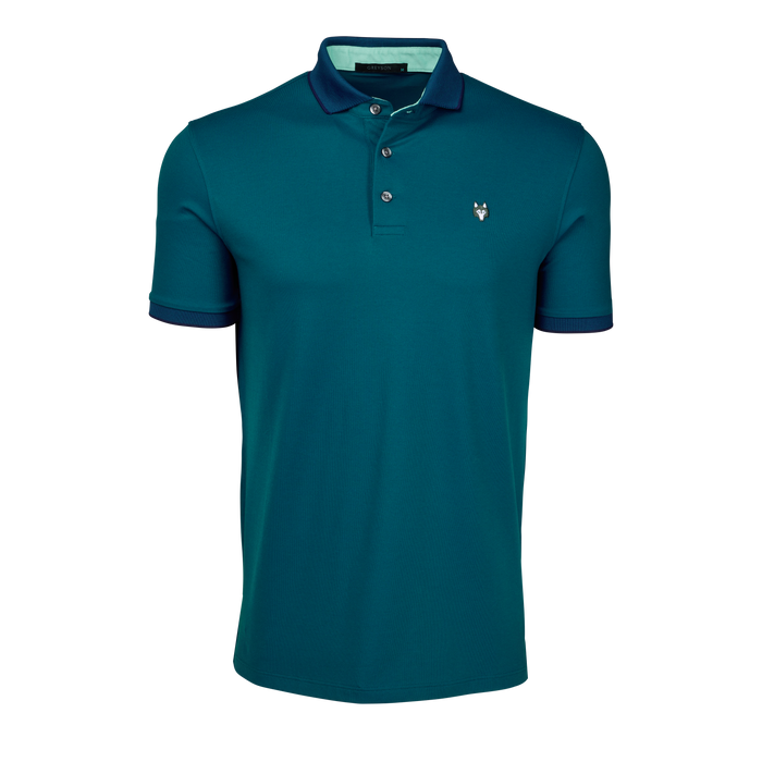 Grove Wolf Icon Short Sleeve Polo - Front View, Wolf Logo Detail | Greyson Clothiers