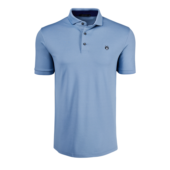 Maltese Blue Wolf Icon Short Sleeve Polo - Front View, Wolf Logo Detail | Greyson Clothiers
