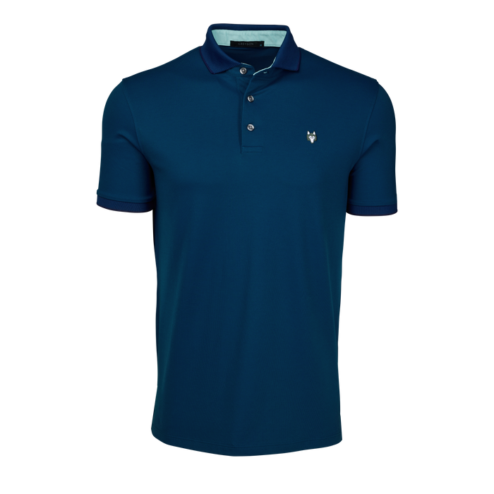 Deep Blue Men's Premium Golf Polo - Front View, Wolf Icon Chest Detail, Contrast Collar Tipping | Greyson Clothiers