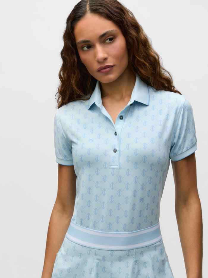 Mineral Mist Wolf Links Scarlett Short Sleeve Polo - Front Close-Up, Monogram Print | Greyson Clothiers