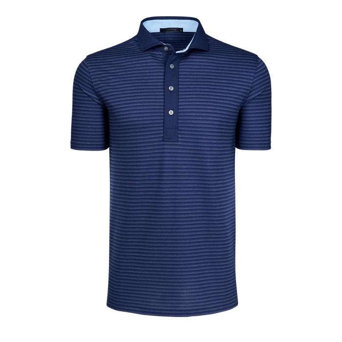 Maltese Blue Yarn-Dyed Striped Golf Polo Contrast Collar - Front View | Greyson Clothiers
