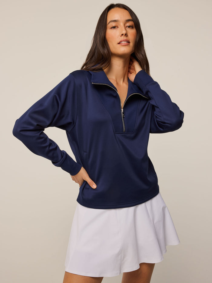 Maltese Blue Wren Quarter-Zip Sweatshirt - On Model Front View, Women's Premium Golf Layer | Greyson Clothiers