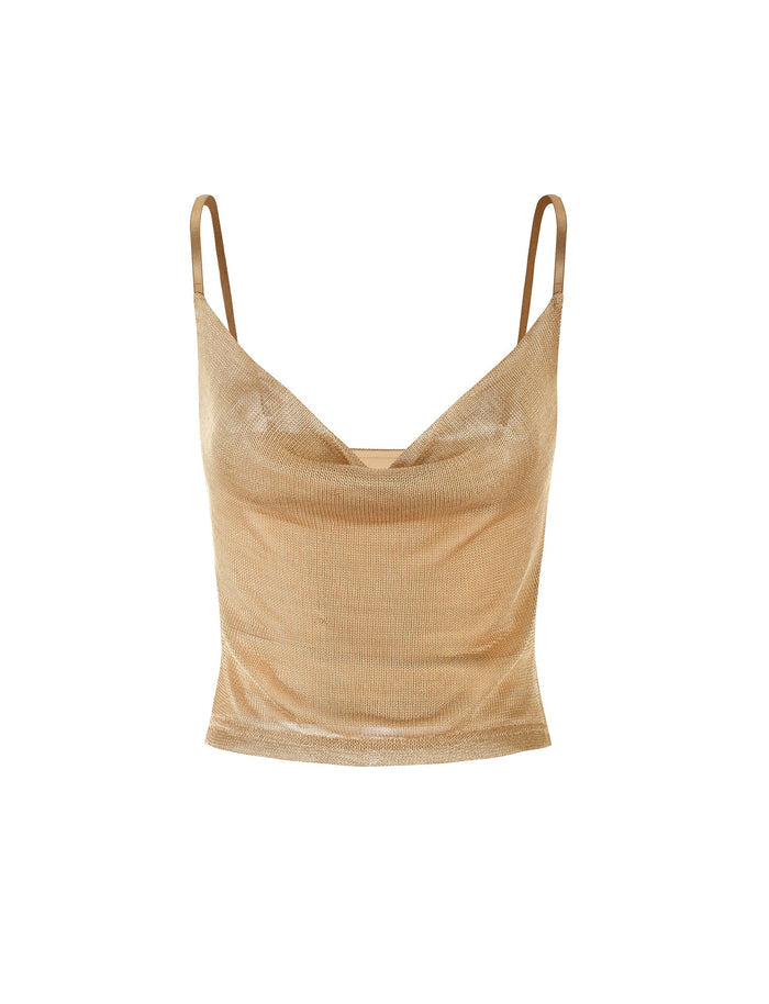 The WYNNE TOP - GOLD by TIGERMIST is a sleek and stylish metallic camisole featuring thin spaghetti straps and a draped neckline. The top sports a fitted, slightly cropped silhouette and shimmers with a glamorous effect.