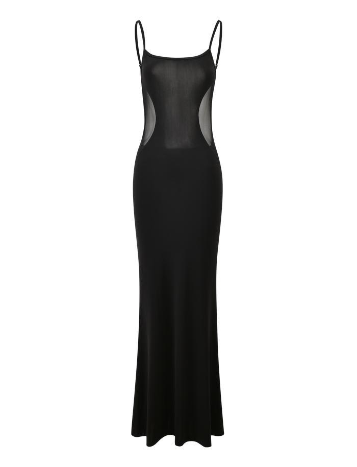 The XINIA MAXI DRESS - BLACK by TIGERMIST is a sleeveless, floor-length dress with thin adjustable straps and sheer mesh side panels, shown on a plain white background.
