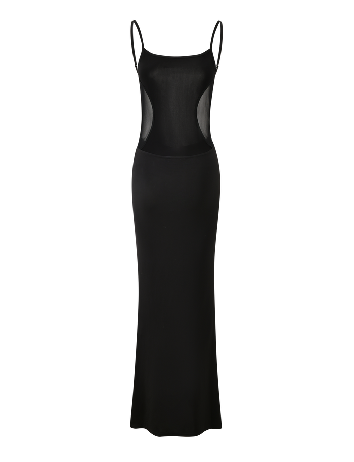 The XINIA MAXI DRESS - BLACK by TIGERMIST features a long black design with adjustable shoulder straps and sheer mesh side panels, creating a chic, see-through waist effect.