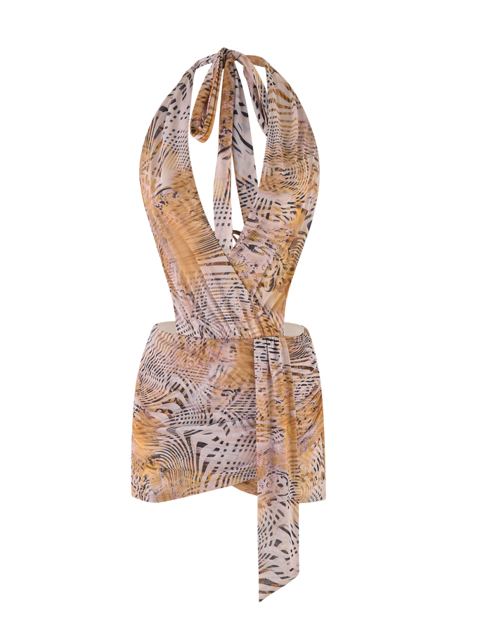 The TIGERMIST YARA MINI DRESS in Animal Marble features a sleeveless halter neck, ruched waist, and a neutral abstract animal print in beige, black, and yellow. Displayed on a white background, it’s perfect for standout style.