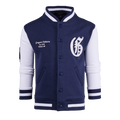 Maltese Blue Youth Aspen Varsity Jacket - Front View, Snap Button, Chenille Logo, White Sleeves | Greyson Clothiers