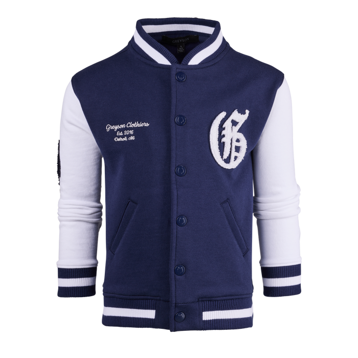 Maltese Blue Youth Aspen Varsity Jacket - Front View, Snap Button, Chenille Logo, White Sleeves | Greyson Clothiers