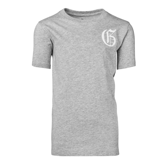 Light Grey Heather Youth Gothic "G" Short Sleeve Tee - Front View, Gothic Logo on Left Chest | Greyson Clothiers