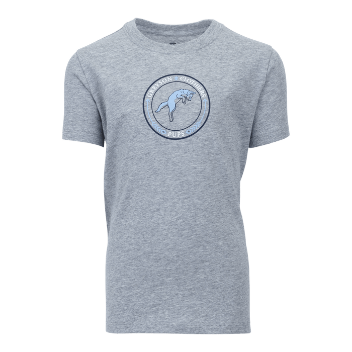 Light Grey Heather Youth Playing Wolf Tee - Front View, Greyson Pups Circle Wolf Graphic | Greyson Clothiers