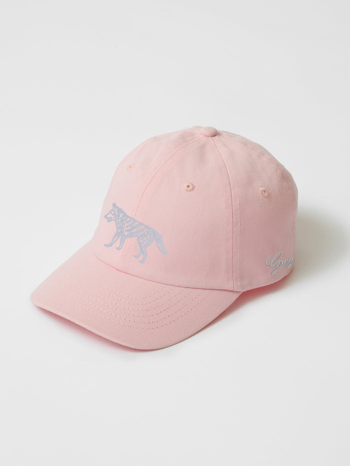 Rose Quartz Youth Stalking Wolf Hat - Front Angle, Embroidered Wolf & Script Logo | Greyson Clothiers
