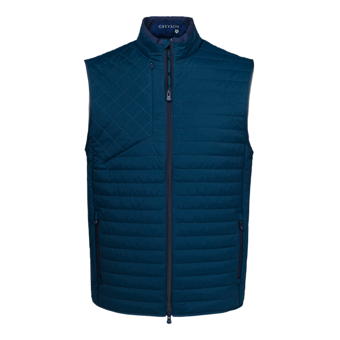 Vintage Indigo Quilted Hybrid Vest, Full-Zip Lightweight - Front View | Greyson Clothiers Yukon