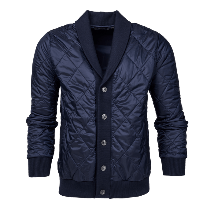 Greyson Clothiers Yukon X-Lite Cardigan in Maltese Blue - Front View, Diamond Quilted Shawl Collar, Five-Button Placket
