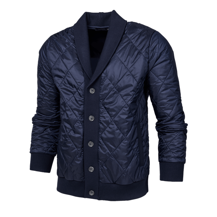 Greyson Clothiers Yukon X-Lite Cardigan in Maltese Blue - Three-Quarter Angle, Five-Button Placket, Ribbed Cuffs
