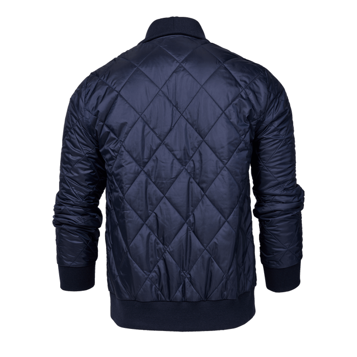 Greyson Clothiers Yukon X-Lite Cardigan in Maltese Blue - Back View, Diamond Quilted Technical Fabric, Ribbed Hem