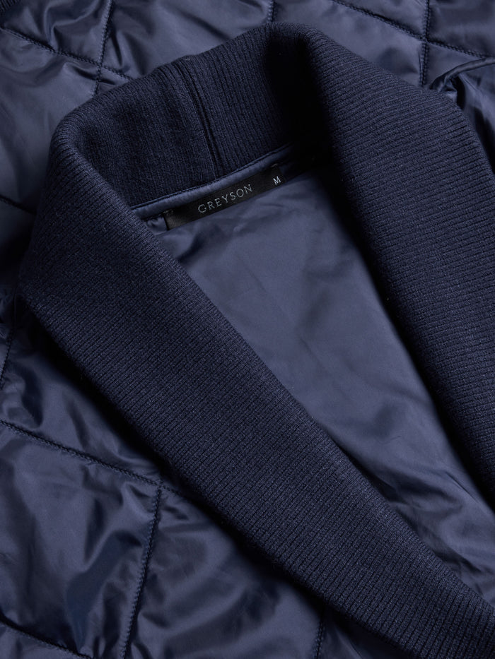 Yukon X-Lite Cardigan Maltese Blue - Ribbed Shawl Collar & Greyson Label Close-Up, Lightweight Quilted Layer | Greyson Clothiers