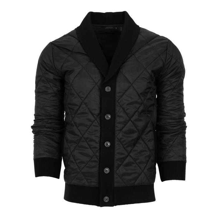 Greyson Clothiers Yukon X-Lite Cardigan in Jesper Black - Front View, Diamond Quilted Shawl Collar, Five-Button Placket