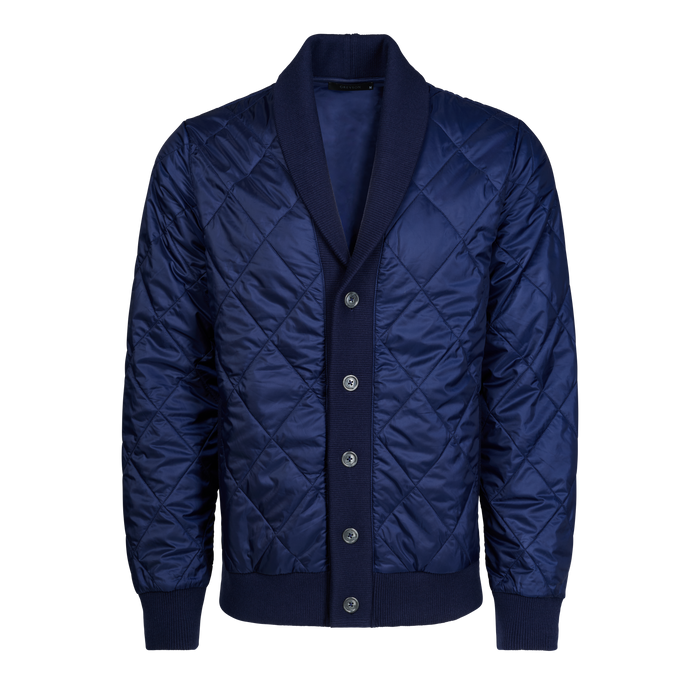 Greyson Clothiers Yukon X-Lite Cardigan in Maltese Blue - Front View, Ribbed Shawl Collar, Lightweight Quilted Golf Layer