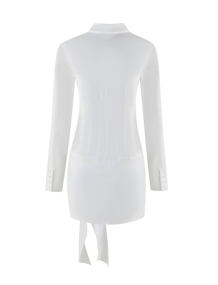 The ZADIE SHIRT DRESS by TIGERMIST is a white, long-sleeved cotton poplin dress shown from the back, featuring a fitted silhouette with vertical seams and two long, pointed ties hanging from the bottom hem.