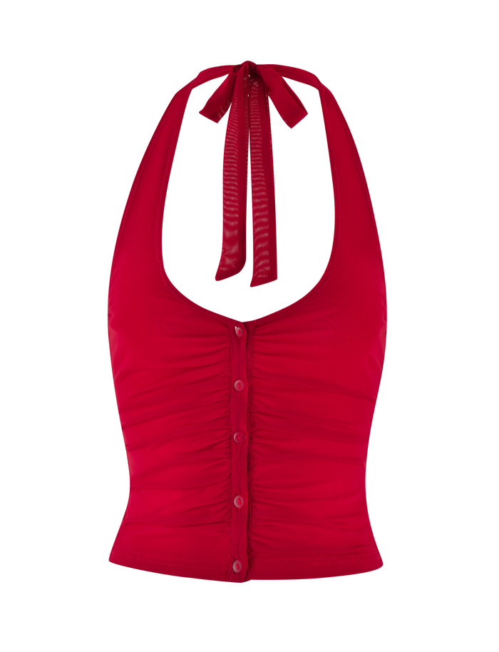 The ZAFIRA TOP - RED by TIGERMIST is a sleeveless mesh halter neck top featuring a deep V-neckline, gathered placket, button-down front, and neck tie.