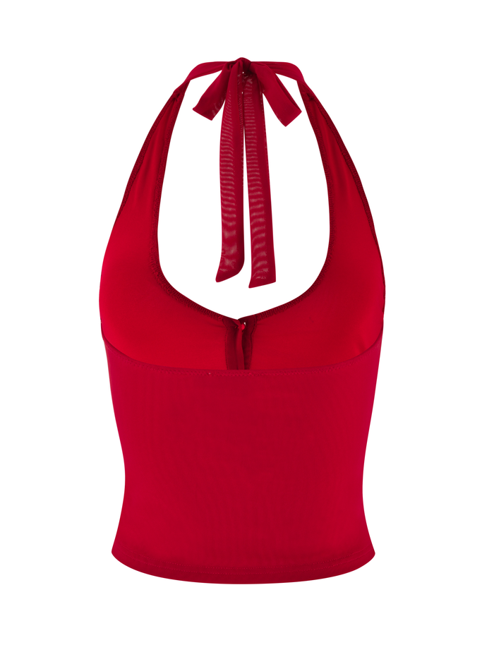 The TIGERMIST ZAFIRA TOP - RED is a vibrant mesh halter neck top with a deep V-neckline, gathered placket, and tie at the neck, shown on a white background.