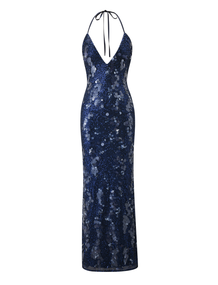 The TIGERMIST ZANA Maxi Dress in navy, featuring sequins, a halter neck, floor-length silhouette, and plunging V-neckline, is displayed against a plain white background.