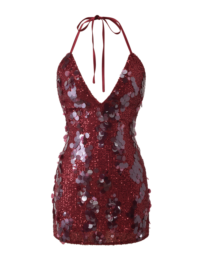 The TIGERMIST ZANA MINI DRESS - RED is a sleeveless sequin mini dress with a halter neck tie and low-cut V neckline, featuring large and small sequins, shown on a plain white background.