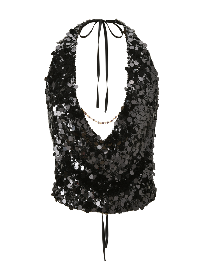 The ZANA TOP - BLACK SEQUIN by TIGERMIST is a black sequin halter top with a deep cowl neckline and an open back, featuring adjustable tie closures at the neck and waist.