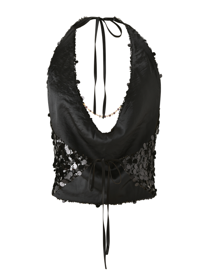 The TIGERMIST ZANA TOP - BLACK SEQUIN is a black halter crop with a deep neckline, shiny satin front, floral lace side panels, and features front tie detail plus ribbon ties at the neck and waist.
