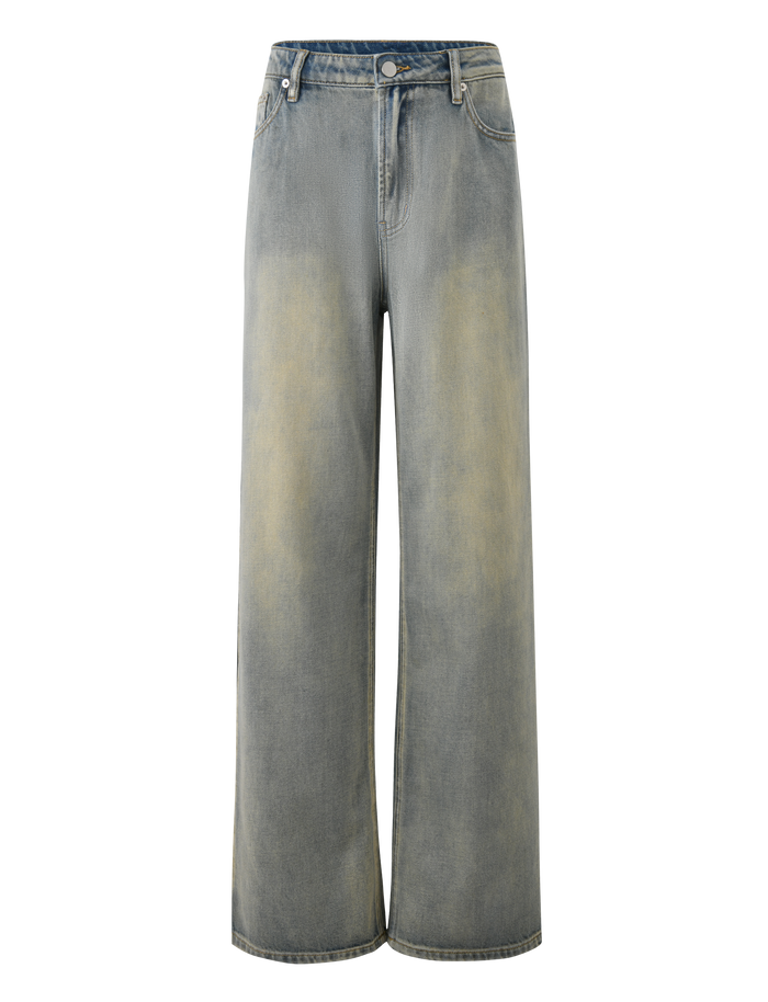 The ZANTHE JEAN - GREY WASH by TIGERMIST features a wide-leg, high-waisted fit in rigid denim with faded, vintage look patches and classic five-pocket styling plus a button fly.