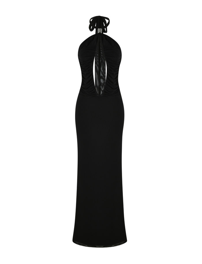 The TIGERMIST ZARA MAXI DRESS in black is a long, sleeveless halter dress featuring a chest keyhole cutout and ruched bodice details, shown against a plain white background.