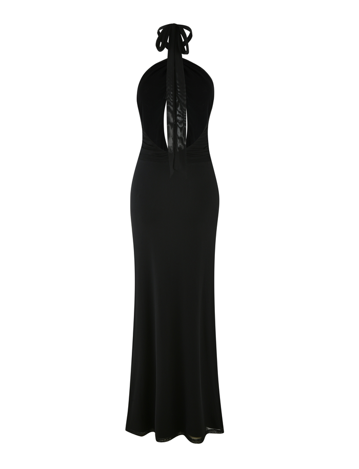 The TIGERMIST ZARA MAXI DRESS in black is a sleeveless halter style with an open back, fitted waist, and floor-length mesh skirt, shown on a white background for an elegant look.