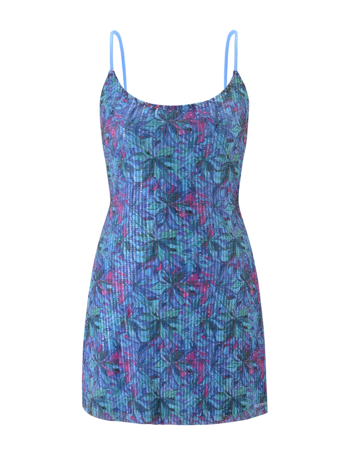 The ZEINA MINI DRESS by TIGERMIST is a sleeveless, blue floral sequin dress with thin straps and a vibrant green, pink, and purple pattern on textured fabric.