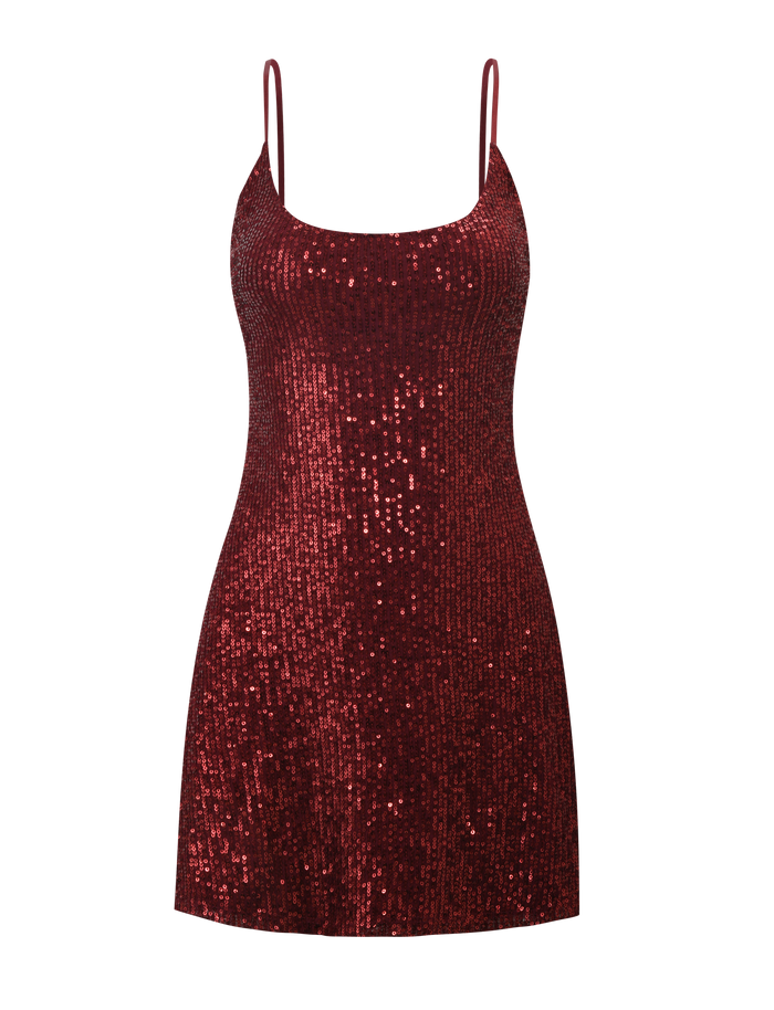 The ZEINA MINI DRESS by TIGERMIST is a sleeveless wine sequin A-line mini dress with thin straps and a scoop neckline, offering a dazzling, glamorous look.