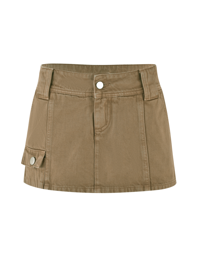 The TIGERMIST ZELIE MINI SKORT in Washed Tan features a front button and zip, wide waistband with belt loops, visible seam details, and a small side flap pocket for a stylish utility look.