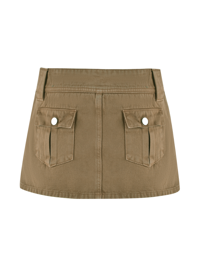 The ZELIE MINI SKORT by TIGERMIST in washed tan features a sandblast finish, two front flap pockets with silver buttons, hip pockets, belt loops, and visible stitching for a casual utilitarian look.