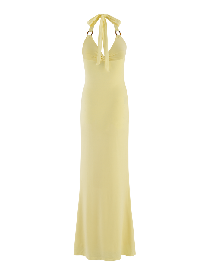 The ZENEVA MAXI DRESS - LEMON by TIGERMIST is a sleeveless, floor-length yellow halter dress with a fitted bodice, long neck ties, and soft buttery jersey fabric, shown against a white background.