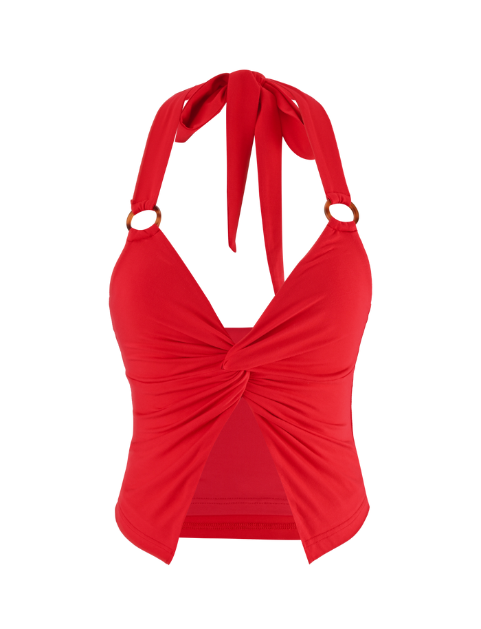 The ZENEVA TOP - RED by TIGERMIST is a vibrant halter top with a front twist detail, open midsection, and wide neck-tie straps.