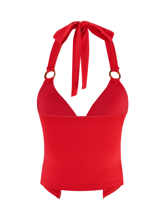 The ZENEVA TOP - RED by TIGERMIST is a bright red halter-neck bikini top with a bow tie at the neck, tortoise shell ring strap accents, and a longline fit for added coverage below the bust.
