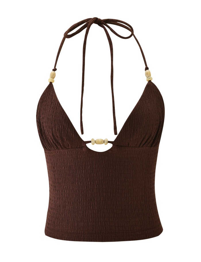 The ZINNIA TOP - CHOCOLATE by TIGERMIST is a textured, stretchy knit halter cami with an adjustable neck, deep V-neckline, and cream-colored bead accents on the straps and center front.