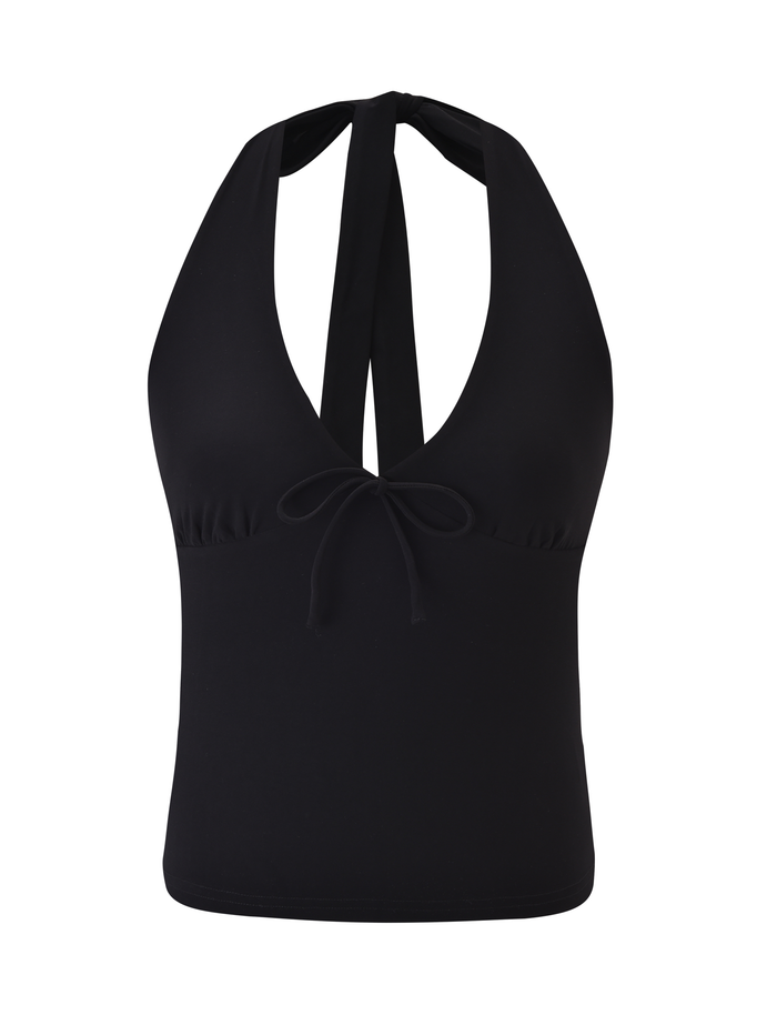 The ZINZIE HALTER TOP by TIGERMIST is a black deep V halter-neck tank featuring a front tie detail, made from high stretch fabric and shown on a white background.
