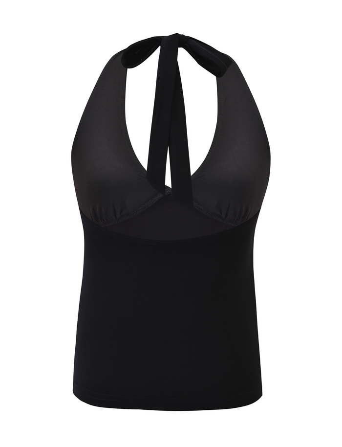 The ZINZIE HALTER TOP - BLACK by TIGERMIST features a deep V neckline, tie detail at the neck, and is crafted from buttery high-stretch jersey fabric, shown on a plain white background.