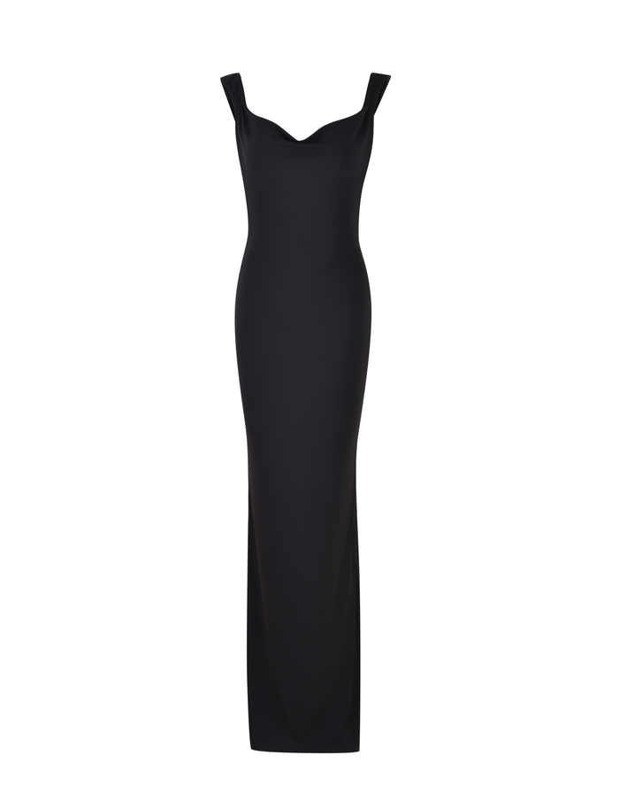 The TIGERMIST ZITA DRESS - BLACK is a sleeveless maxi dress with thick shoulder straps, a scoop cowl neck, and a floor-length bodycon silhouette, showcased on a white background.