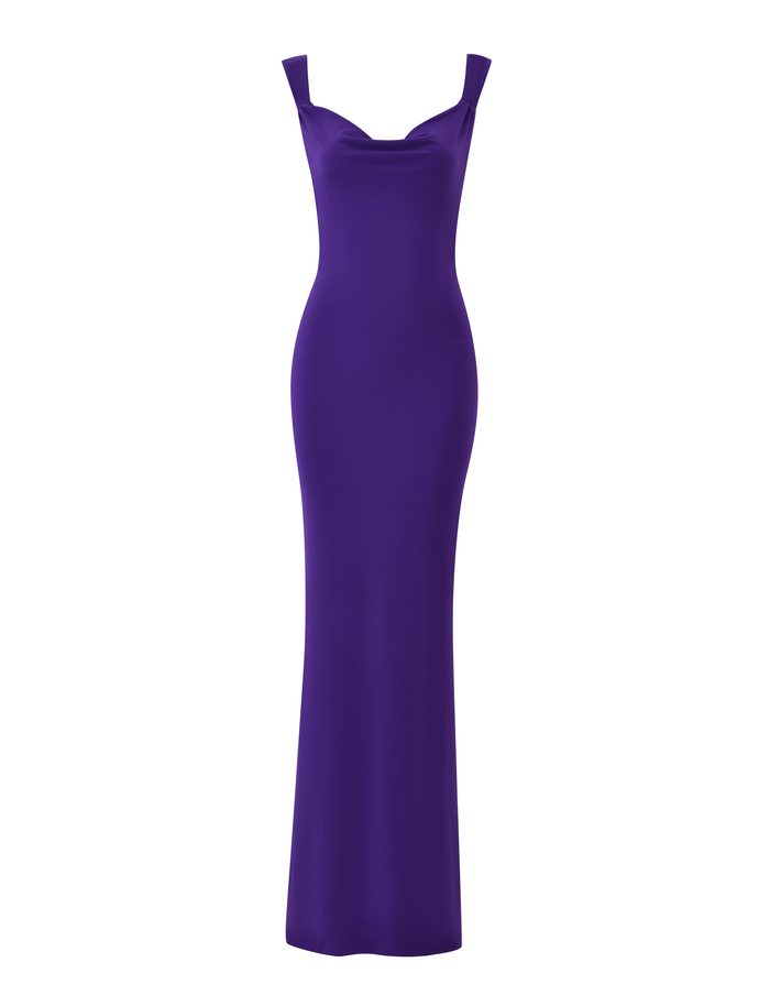 The TIGERMIST ZITA MAXI DRESS in purple features a bodycon silhouette, wide shoulder straps, and a softly draped cowl neck, shown on a plain white background.