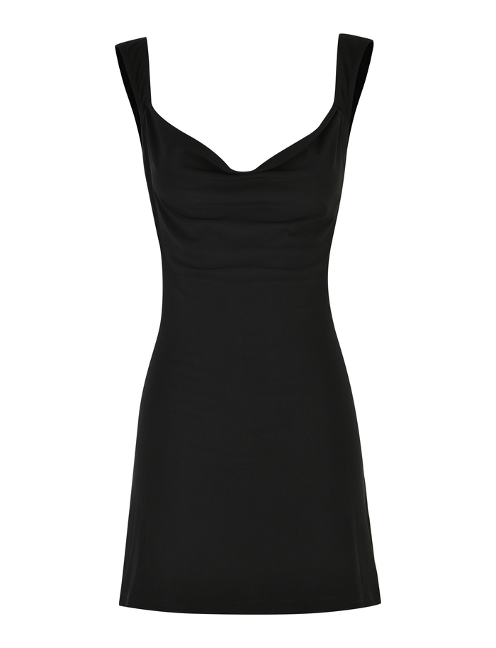 The TIGERMIST ZITA MINI DRESS - BLACK is a sleeveless A-line mini dress with a draped cowl neckline, shown on a plain white background.
