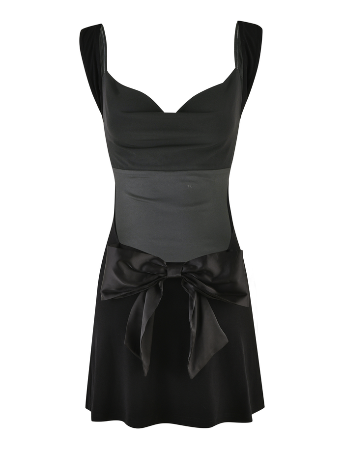 The TIGERMIST ZITA MINI DRESS - BLACK features a sleeveless fitted bodice, wide straps, a large satin waist bow, and an A-line flared skirt for a smooth, elegant finish.