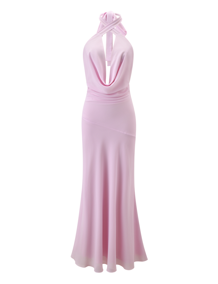 The ZYLA MAXI DRESS by TIGERMIST in baby pink features a halter neck, draped cowl neckline, fitted waist, open back, and a flowing floor-length chiffon skirt.