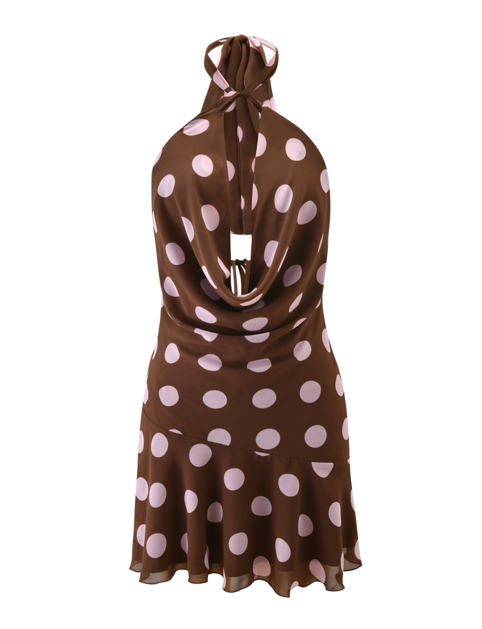 The ZYLA MINI DRESS by TIGERMIST features a brown base with pink dots in a stylish mini silhouette.